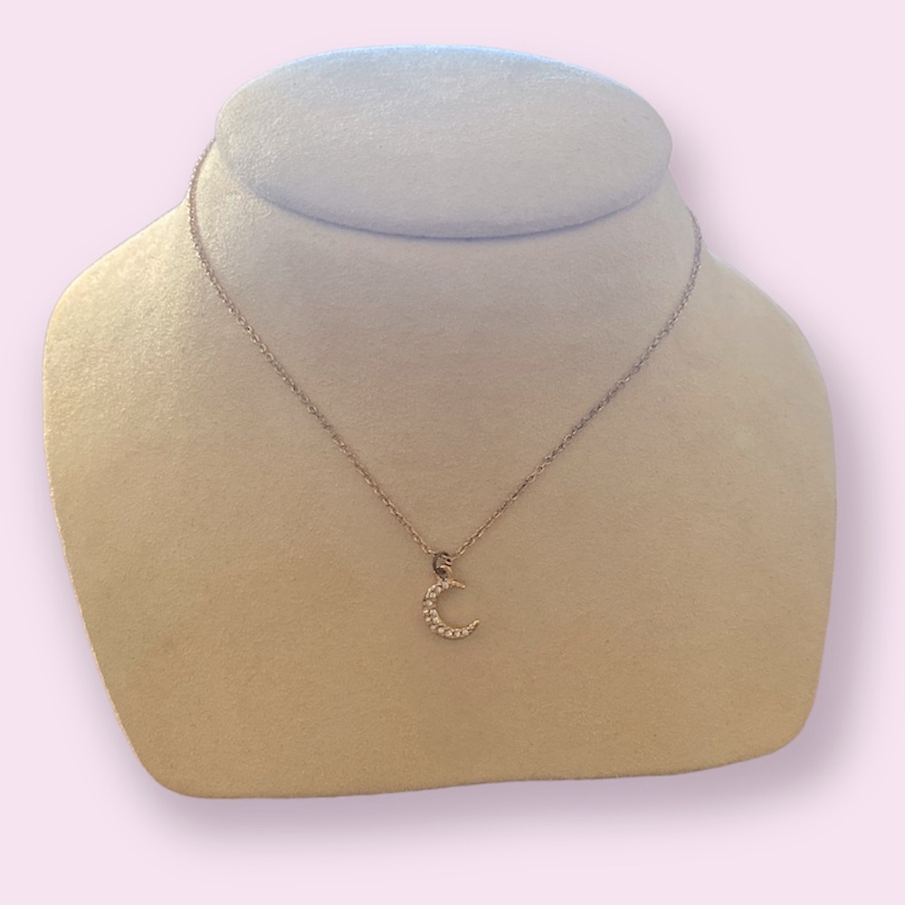 Crescent Moon Rhinestone Gold Toned Necklace